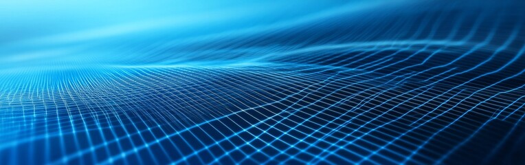 Abstract digital wave pattern in blue tones with grid lines representing movement and fluidity in a virtual space