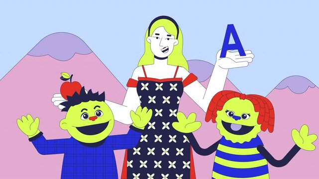 Kids show on TV cartoon animation. Puppetry entertainment on television 4K video 2D motion graphic. Human woman and puppets children animated characters on funny educational program background