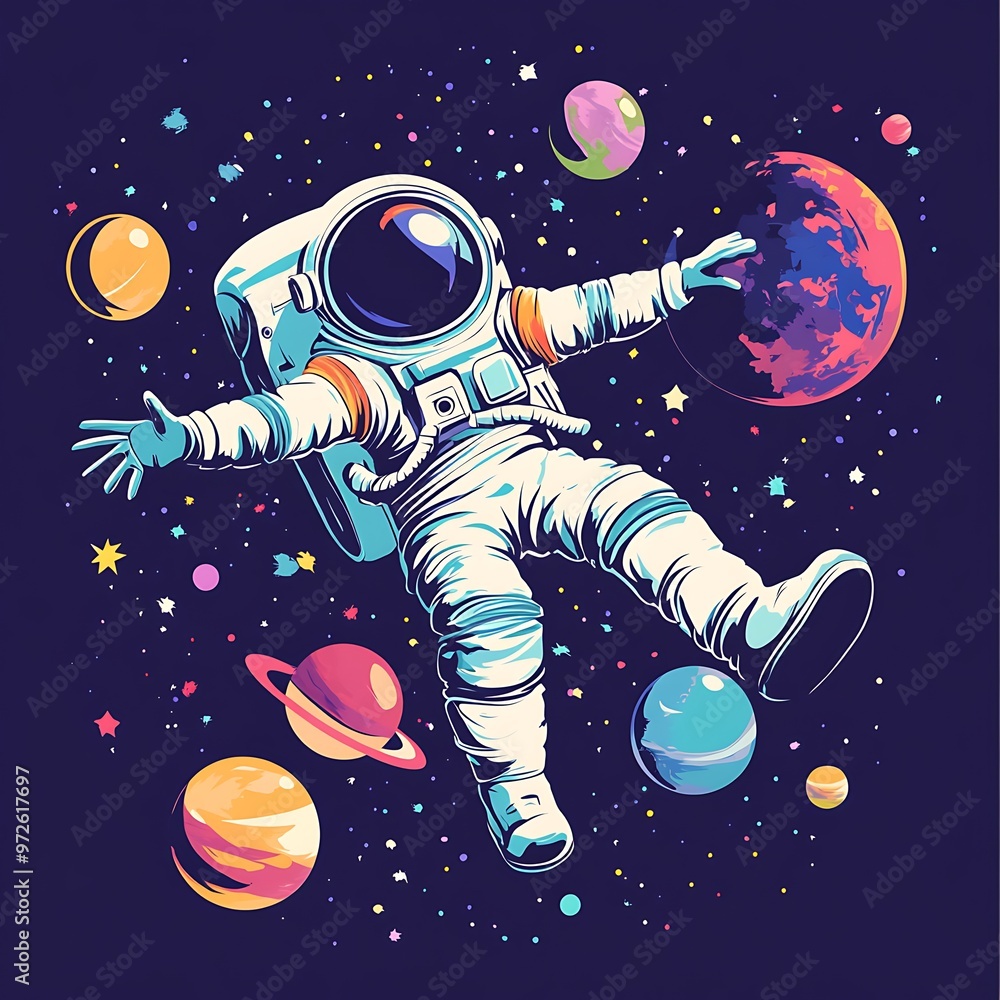 Poster astronaut floating in space surrounded by planets and stars