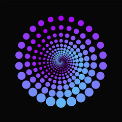 Dots that makes circle with spiral optical illusion effect. Abstract halftone pattern.
