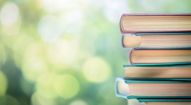 Stack of colorful books against abstract bokeh background