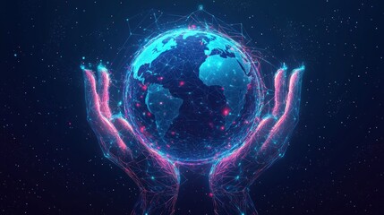 Abstract futuristic hologram of the Earth with hands on a dark blue background, vector illustration. This digital technology concept design represents global business and cyber security.generative ai