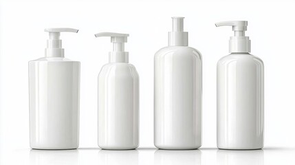 Set of four clean white bottles with dispensers on a bright background, ideal for branding and product packaging.