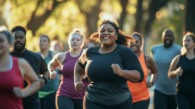 A diverse group of people, including plus-sized individuals, participating in a community run, promoting health and fitness for everyone