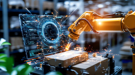 Advanced robotic arm packaging products in a futuristic warehouse environment with digital interfaces and glowing technology.