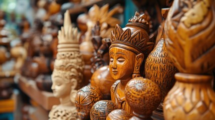 Fototapeta premium Detailed wooden carvings of deities and decorative figures in a vibrant market showcasing traditional craftsmanship