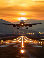  airplane taking off from the runway, sunset in background. AI generative.