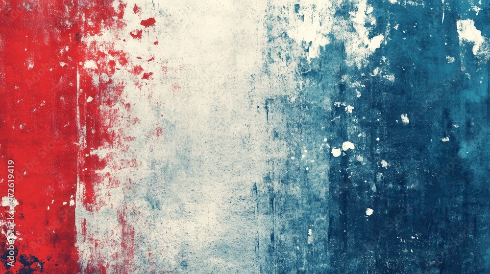 Poster A weathered texture showcasing the colors of a flag with red, white, and blue sections blending into one another