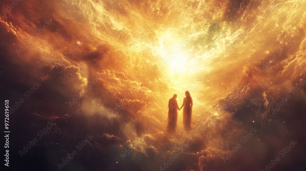 Poster ethereal beings unite in a cosmic embrace beneath a radiant celestial explosion in a vast universe f