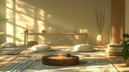 Yogi's Zen Den: A simple desk in a serene yoga studio, with incense, meditation cushions, and yoga mats, representing a peaceful yoga instructor guiding students through their practice