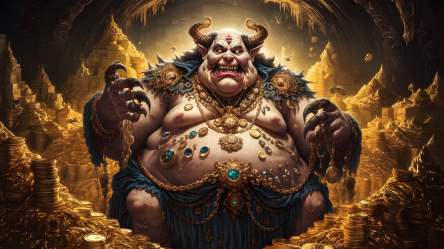 Mammon, Demon of Greed, Surrounded by Treasure in a Dark Cavern