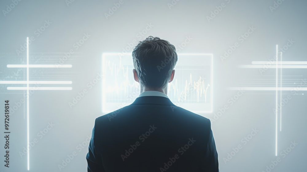 Aufkleber Businessman interacting with a futuristic digital interface showing data and charts. Technology-driven data analysis.