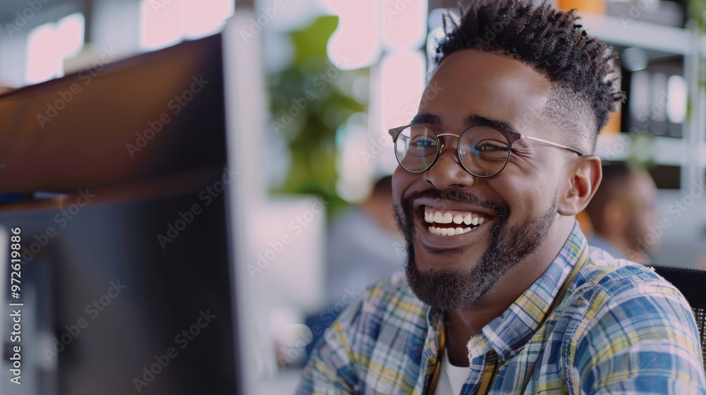 Poster a man with glasses and a beard is smiling and laughing