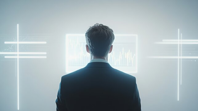 Businessman interacting with a futuristic digital interface showing data and charts. Technology-driven data analysis.