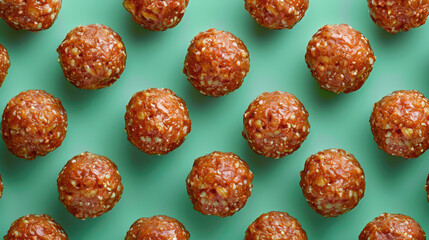 Small meatballs on a light background. Texture for background, wallpaper, poster, banner, card. View from above.