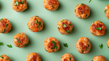 Small meatballs on a light background. Texture for background, wallpaper, poster, banner, card. View from above.