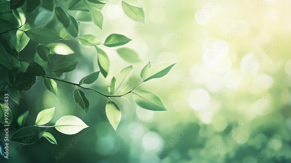 Poster Close-up shot of sunlight filtering through vibrant green leaves in spring, creating a tranquil atmosphere with bursts of new growth adding splashes of color