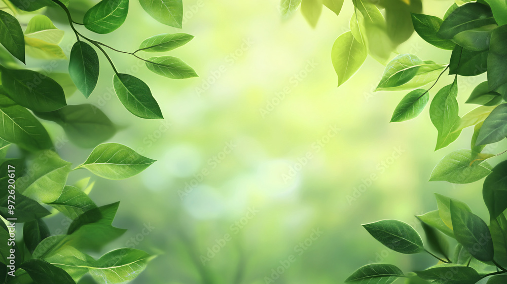 Poster green leaves forming a frame around a blurred natural background with copy space