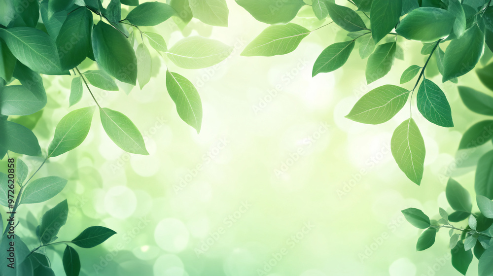 Poster green leaves creating a bokeh effect against a bright background, ideal for spring or nature-themed 