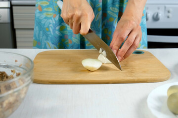 Hands of woman cutting onion on wooden board on slices for cooking salad, dish. Female preparing food from eco products, ingredients at home. Cuisine, culinary, recipe concept.
