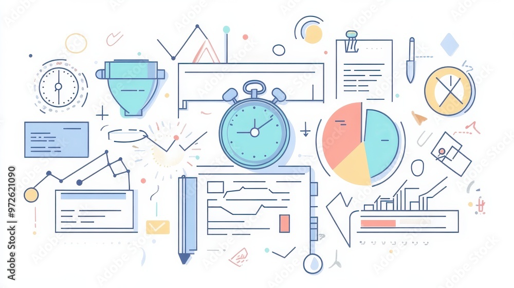 Poster business analytics concepts illustrated with various charts, clocks, and diagrams on a clean backgro