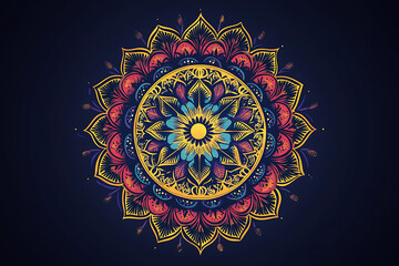 Naklejka premium A flat art-style mandala featuring intricate symmetrical patterns and geometric shapes. The design radiates from the center with vibrant colors and balanced elements