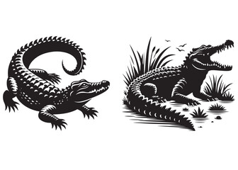 vector silhouette of crocodile, silhouette of a crocodile, crocodile silhouette monochrome clip art, crocodile silhouette, icon logo, vector illustration of black icon logo crocodile silhouette