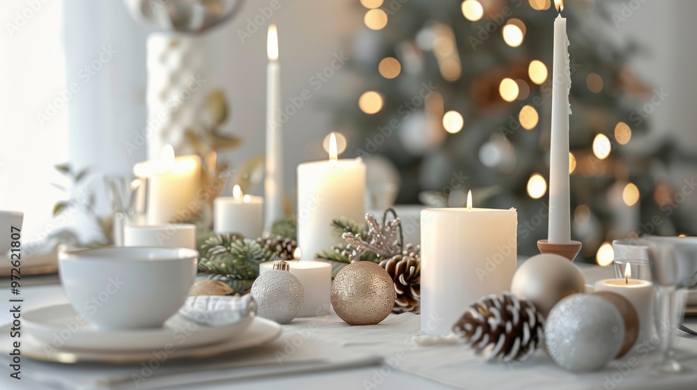 Poster A table is set with candles and pine cones, creating a cozy