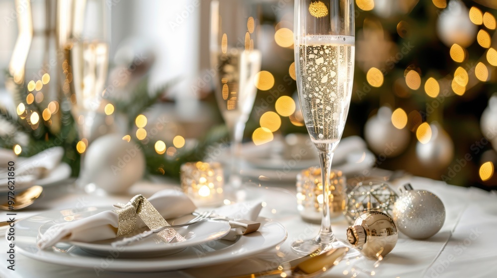 Poster a table with a white tablecloth and a christmas tree in the background
