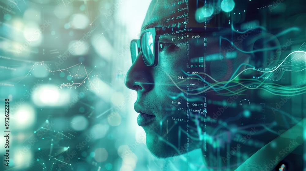 Poster a person in glasses contemplates data visualization in a futuristic setting during a technology conf