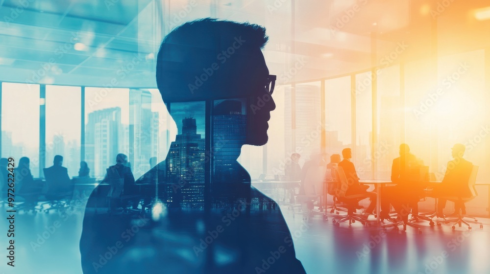 Poster silhouette of a man contemplating business strategies while colleagues engage in a meeting in an urb