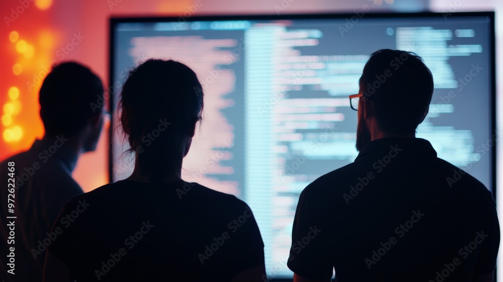Aufkleber Developers reviewing code on a large screen in a tech-driven office environment. Collaborative software project with digital screens and teamwork.