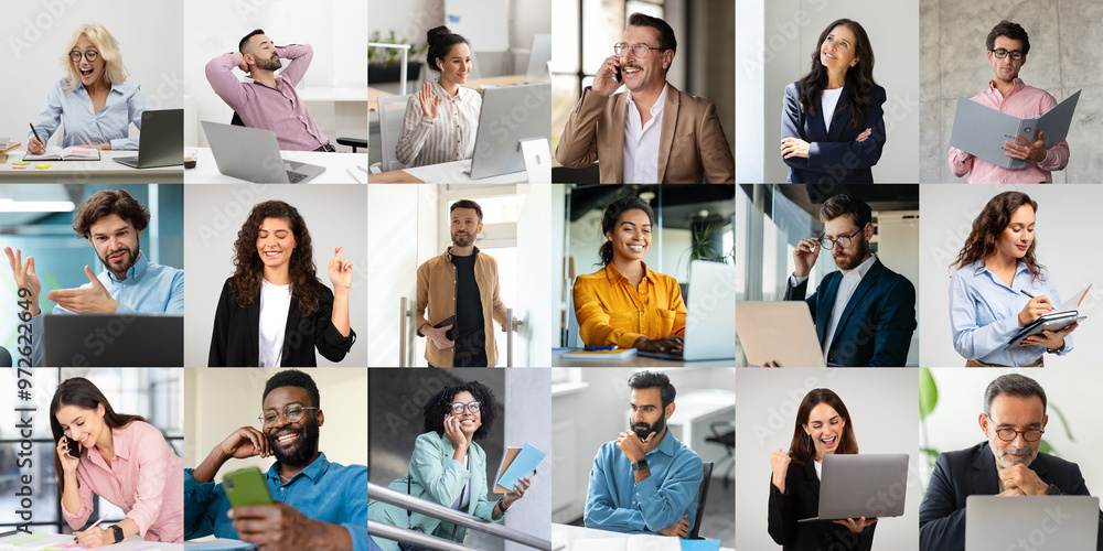 Poster a lively environment featuring a diverse group of professionals engaged in different activities with