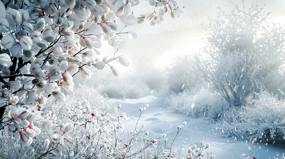 Wall mural Snow in garden, transforming branches into an enchanting frosty display shimmering under winter light.