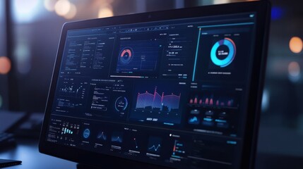 Obraz premium Data analytics dashboard displaying real-time metrics in a dimly lit office environment at night