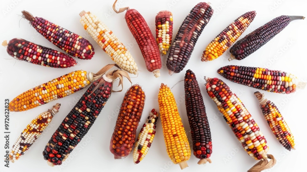 Poster A row of corn with different colors and sizes