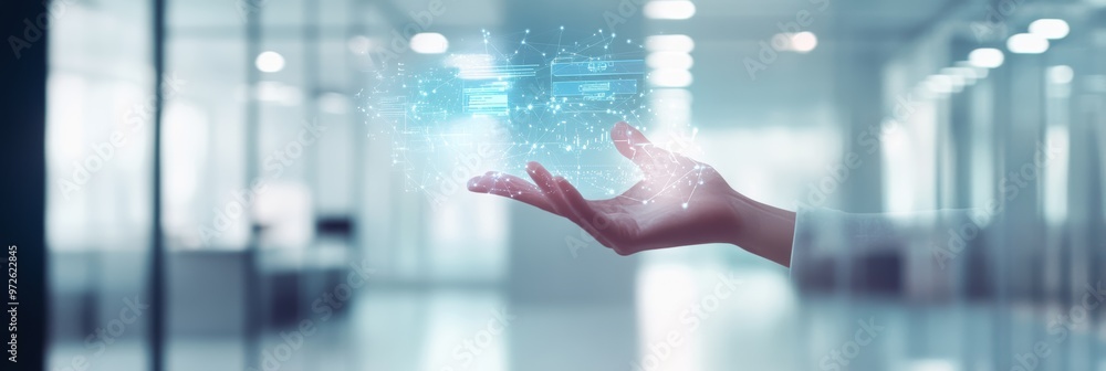 Aufkleber Hand interacting with floating digital interface displaying data and code in a bright office. Concept of coding and development.