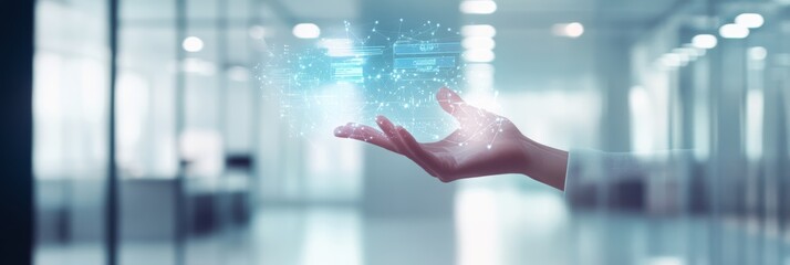 Hand interacting with floating digital interface displaying data and code in a bright office. Concept of coding and development.