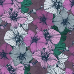 Gordijnen Bloemendesign Seamless Pattern with palm leaves and orchids. Color sketch style hand drawn background. Detailed illustration, hand drawn. Great for fabric and textile, prints, invitation, packaging.  © yanushkov
