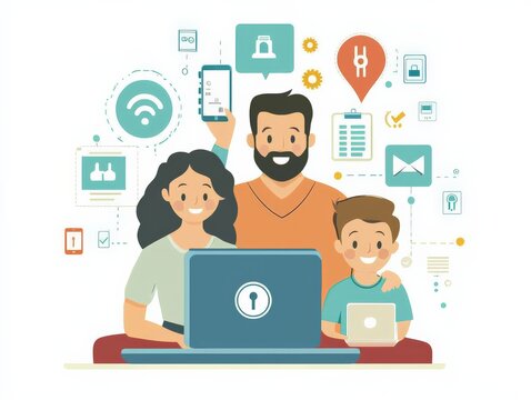 A family reviewing their identity theft protection plans, with secure devices and strong passwords ensuring their safety