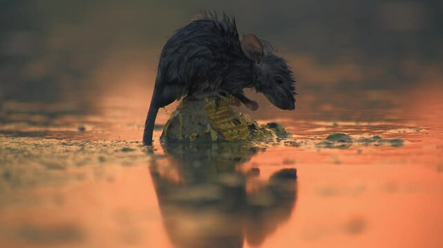 Wet rat shivering and get stuck on a small stone middle of river meanwhile sunset light reflecting on water hd footage in slow motion