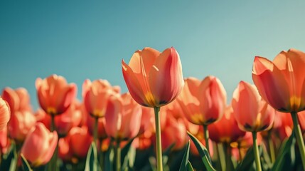 A field of orange tulips in full bloom, stretching out to the horizon under a clear blue sky