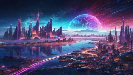Fototapeta premium alien planet, fiction fantasy, illustration of city