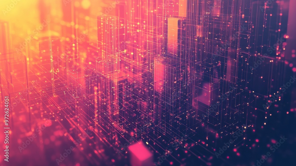 Poster Abstract digital cityscape with glowing structures and vibrant colors at sunset, creating a futuristic atmosphere