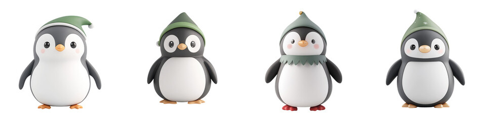 Adorable penguin characters in festive hats, perfect for winter themes, children's illustrations, and holiday decorations.