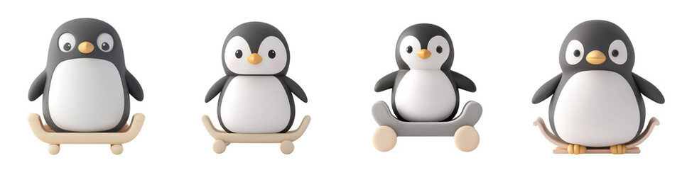 Obraz premium Adorable cartoon penguins enjoying a snowy day, perfect for children's themes, winter events, or cute character designs.