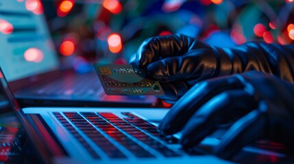 Conceptual photo of theft. Hackers use laptop to steal credit card data.