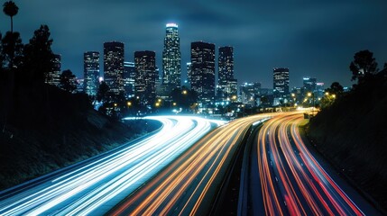 Obraz premium A highway at night, with car lights creating streaks of light against a city skyline.