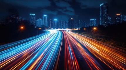 A highway at night, with car lights creating streaks of light against a city skyline.