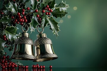 Christmas bells and holly with red berries on green background